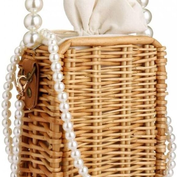 Women's Straw Crossbody Bag with Pearl Chain Small Summer Beach Purse - Picture 1 of 6